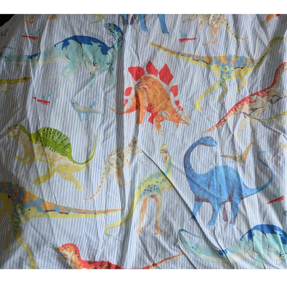Pottery Barn Kids PBK Dinosaur Organic Cotton Duvet Cover Full Queen Blue Stripe - Picture 7 of 7